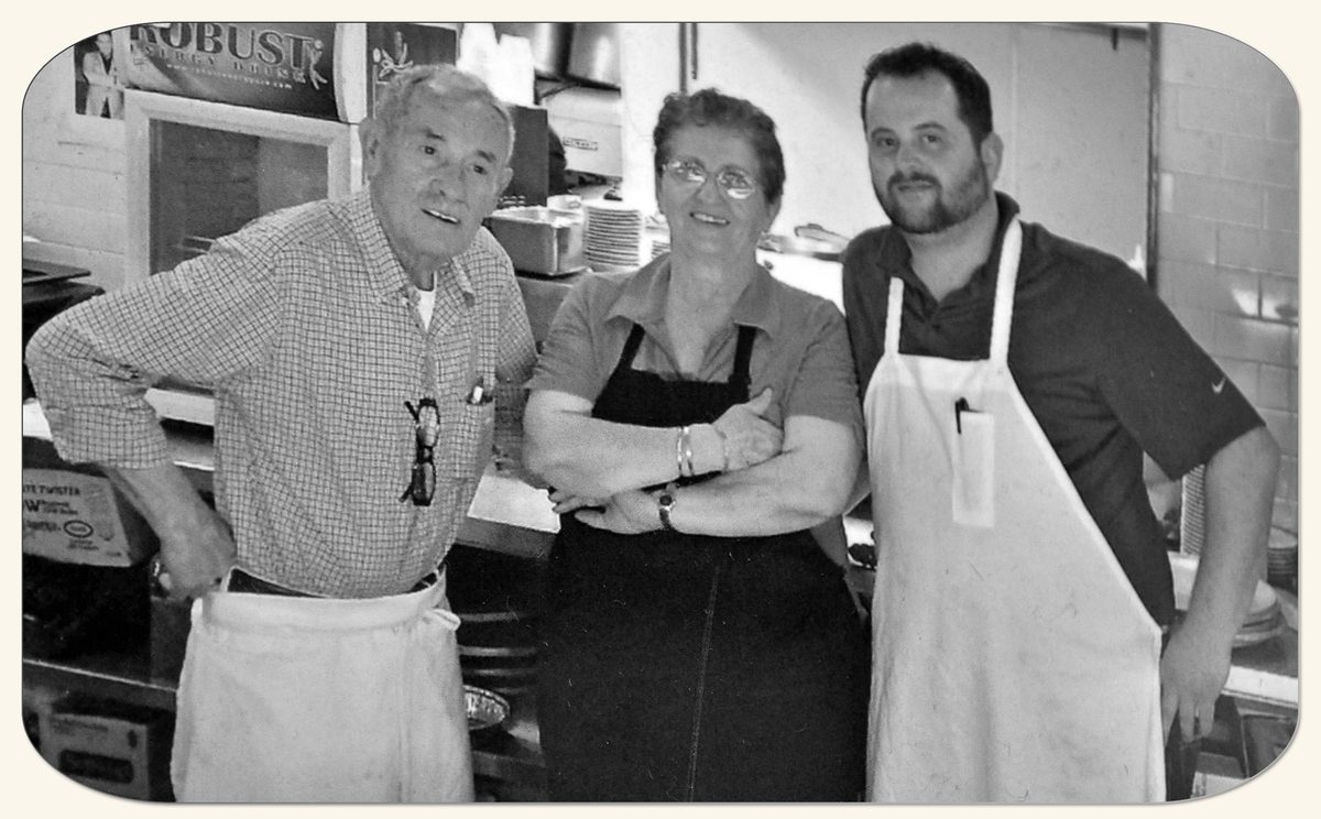 Nick, Mary, and John in the kitchen at Nick's Italian Restaurant