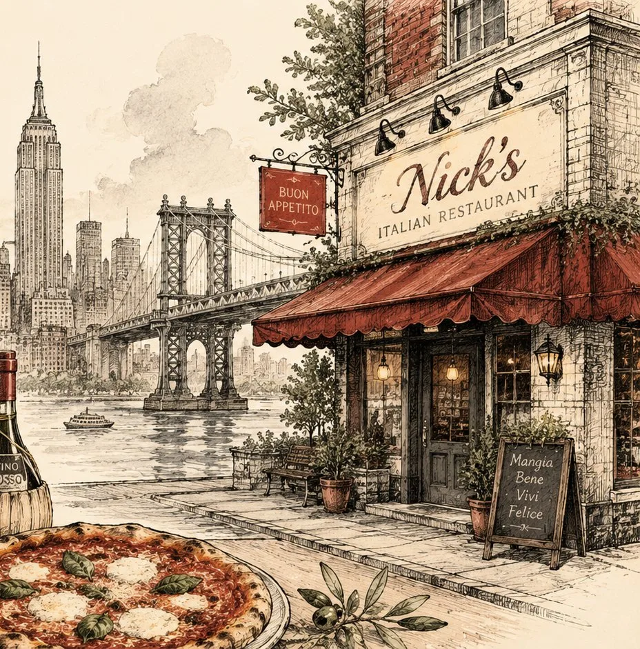 Hand-drawn artwork of Nick's Italian Restaurant storefront with the Manhattan bridge and New York skyline behind it